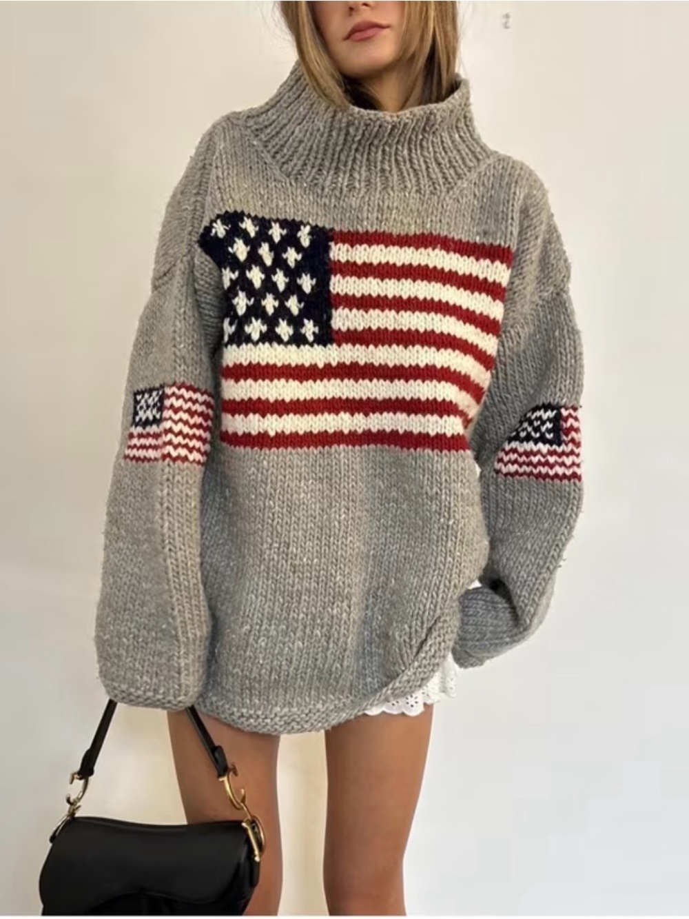 Gray Cowl Neck Flag Knit Sweater - Unbranded